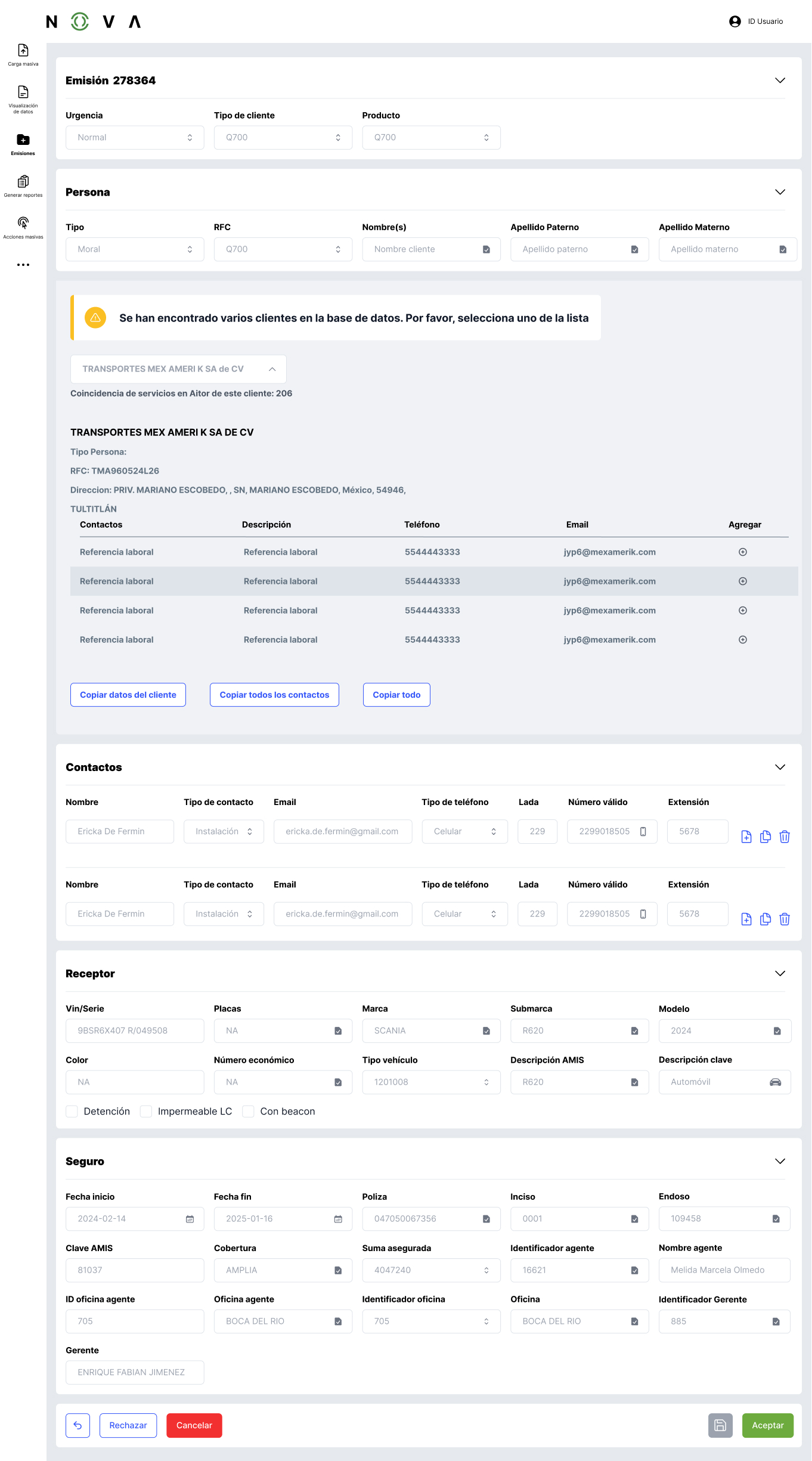 Duplicate-client resolution — matching records surface for the operator to pick.